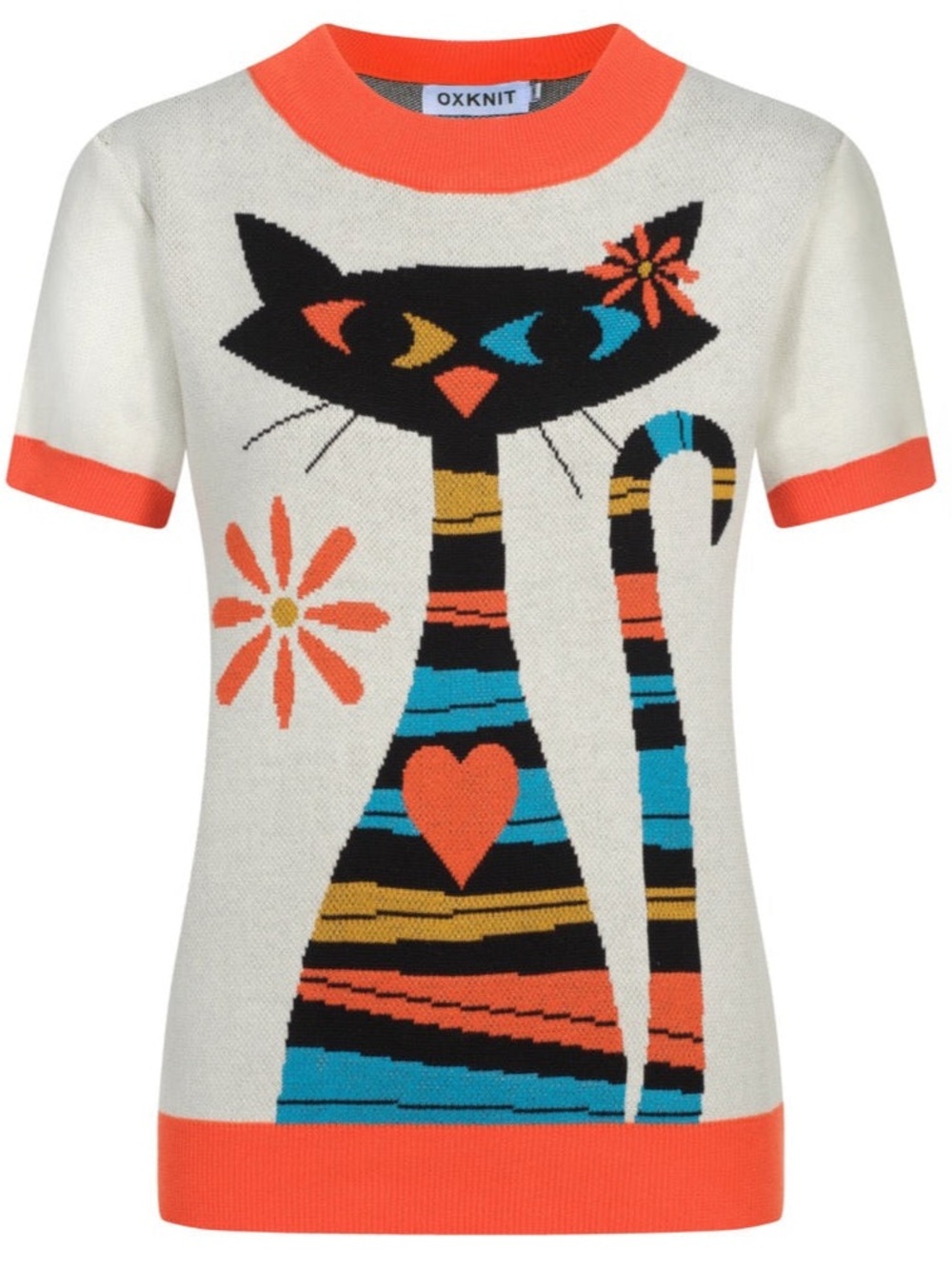 OxKnit WOMEN'S RETRO CAT GRAPHIC KNIT TOP VINTAGE VIBES Cotton Cat Lovers